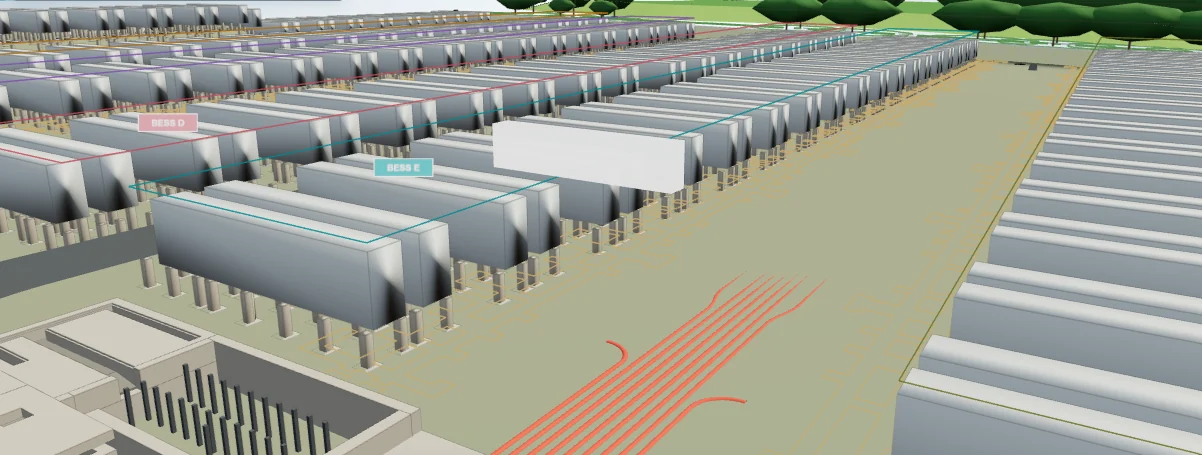 Actual Cellarhead model capture showing battery rows, foundations and service routes