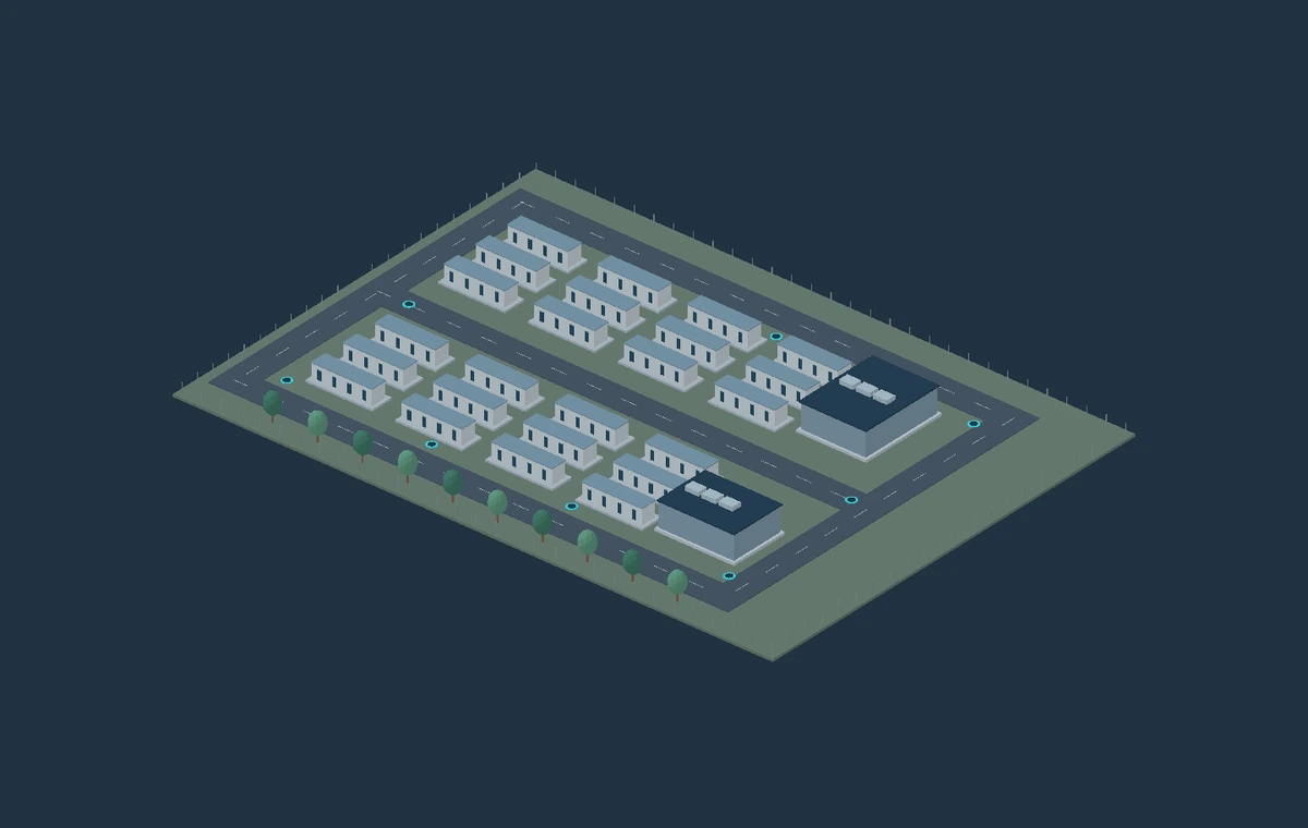 Fictional Digital4D construction model with roads, buildings and service routes