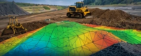 Illustrative terrain model with earthmoving plant and a coloured surface mesh