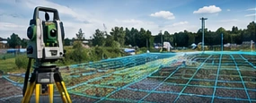 Illustrative total station and survey grid on a construction site